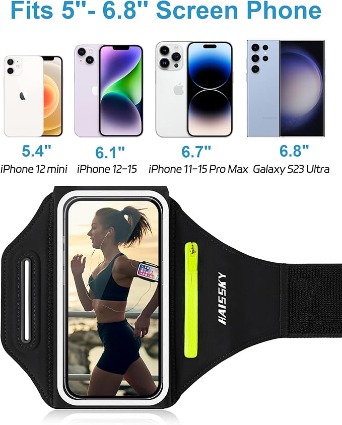 Cell Phone Armbands for Running with Earphone Bag, Arm Band for iPhone 16 15 14 13 12 11 Pro Max Galaxy S21-S24 Ultra, Armband Phone Holder with Car Home Key Pocket for MP3 Player 4-6.8''-StrideForce Fitness
