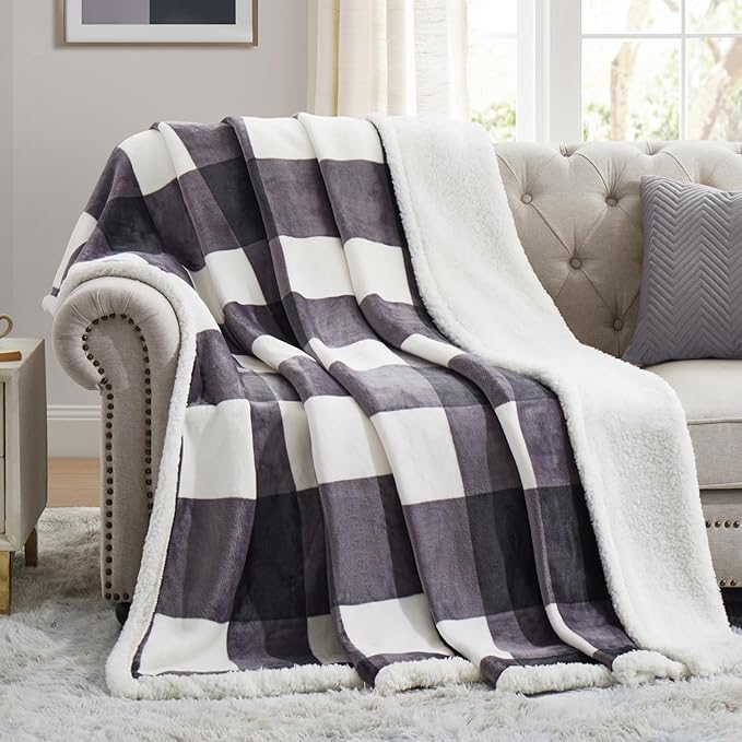 PU MEI Sherpa Blanket Fleece Throw Blanket Twin Plaid Thick Bed Blanket, Soft Warm Cozy Dark Grey Checkered Throw Blanket 60"*80"-StrideForce Fitness