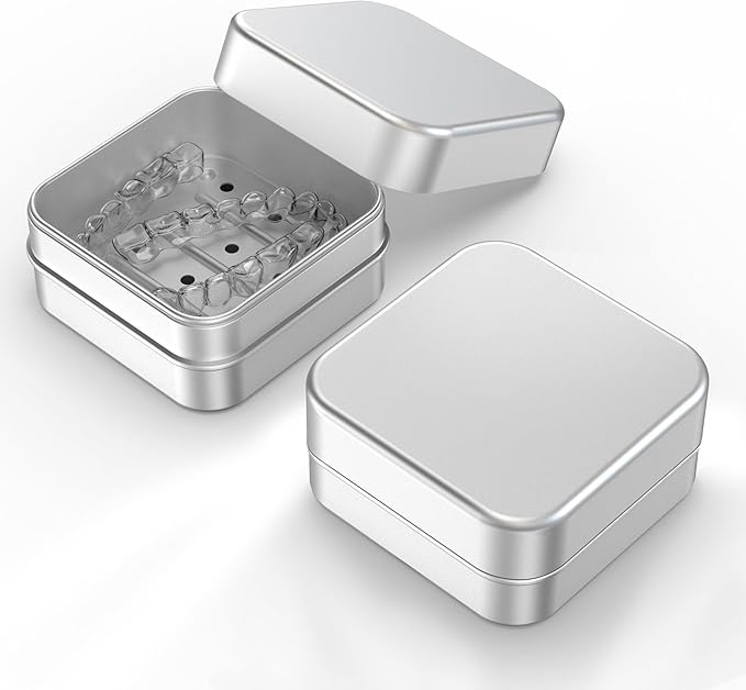 Aluminum Retainer Case Compatible with Invisalign,2 Pack Durable Denture Holder Orthodontic Aligner Holder Mouth Guard Case Retainer Soaking Cups for Travel, Camping, Office