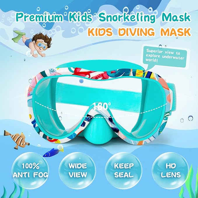 Kids Swim Goggles with Nose Cover, 180° Panoramic Snorkel Mask with Anti-Fog & Anti-Leak Design, Comfort Fabric Strap UV Protection Lens for Boys Girls Ages 3-15-StrideForce Fitness