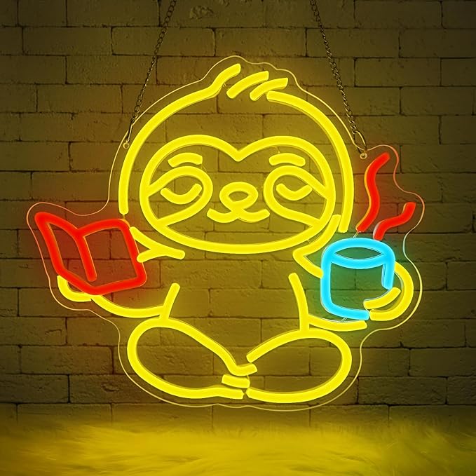 Sloth Neon Sign,Classroom Neon SIign,Neon Sign for Classroom,LED Light Up Reading Coffee Sign for Bedroom,Living Room,Home Office,Kids Room,Cute Animal Neon Wall Art for Book Lovers-StrideForce Fitness