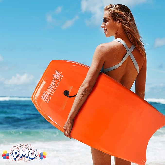 PMU 33 Inch Orange Bodyboard - Lightweight Wrist Leash, Slick Bottom Boards for Beach, Sea & Pool - Surfing Board for Kids, Teens & Adults Wave Conditions Pkg/1-StrideForce Fitness