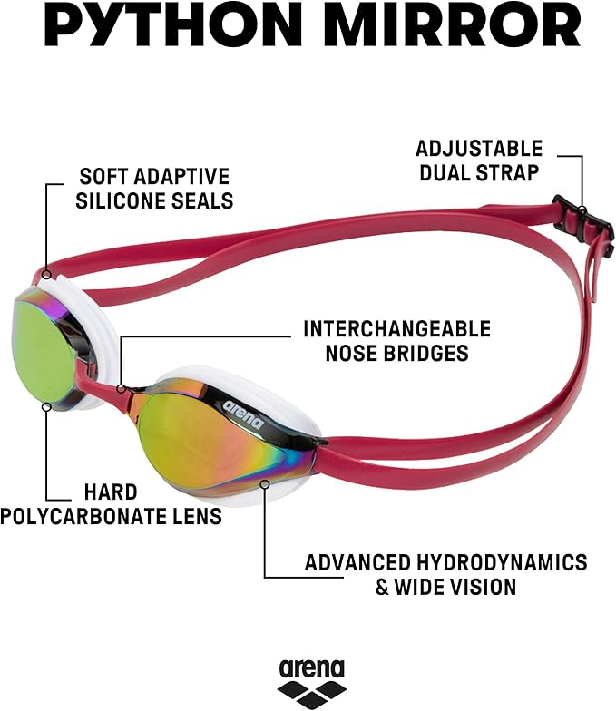 ARENA Unisex Python Racing Swim Goggles for Men and Women Anti-Fog No Leak Max Comfort Dual Strap, Mirror/Non-Mirror Lens-StrideForce Fitness