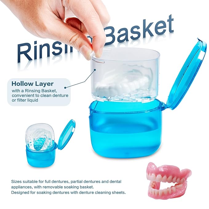 No-Leak Denture Bath Case, Retainer Cleaning Box, Clear Braces, Mouth Guard, Night Guard and Retainer (transparent blue)
