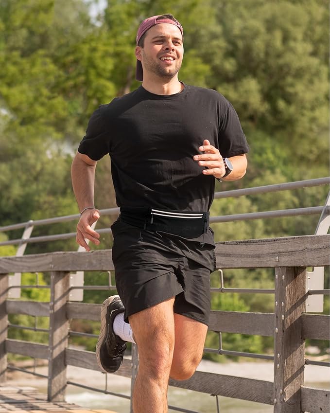 WATERFLY Running Belt Fanny Pack: Breathable 3 Pocket Waist Bag for Men Women Workout Exercise Fitness Phone Holder Fits ALL Phones - Runner Marathon Jogging Race Belt With Bib Clip Black-StrideForce Fitness