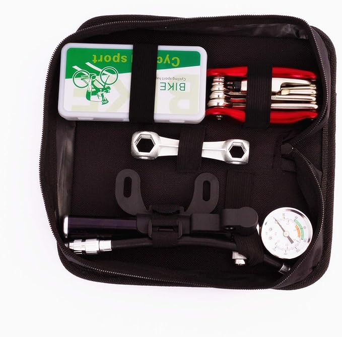 YBEKI Bike Tyre Repair Tool Kit - Bicycle Tool kit with 210 Psi Mini Pump 10-in-1 Multi-Tool with Chain Breaker, Tyre Levers &Tire Patch, Bone Wrench, 1 Portable Bag-StrideForce Fitness