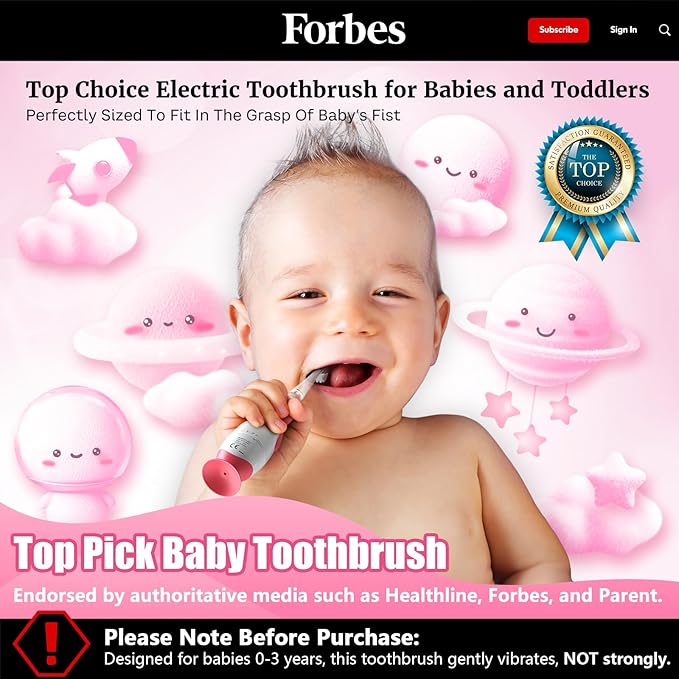 Toddler Electric Toothbrush Kids Age 1-2-3 Years Old, Infants & Baby Electric Toothbrush with Finger Tooth Brush, Cute Cover, LED Light, 2 Minutes Timer, 4 Brush Heads, Suction Cup (Pink Astronaut)