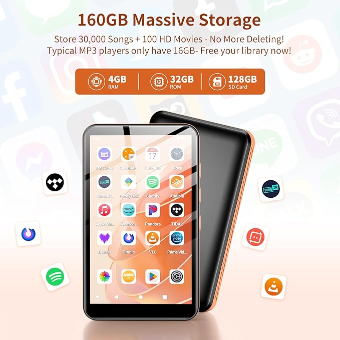 160GB MP3 Player with Bluetooth and WiFi, Android 13 MP3 & MP4 Player with 4" Touchscreen and Speaker, 4GB RAM & 32GB ROM, Spotify Music Player with Audible, FM Radio, Amazon Music, Play Store-StrideForce Fitness