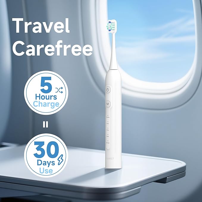 PERECT Sonic Electric Toothbrush for Adults & Kids with 6 Brush Heads, 1 Charge for 90 Days, IPX7 Waterproof, 5 Modes with 2 Minutes Smart Timer, Travel Case & Dental Soft Picks, White,Adult