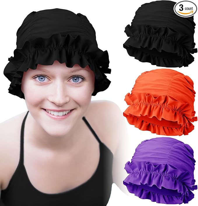 Soulchen 3 Pcs Swim Cap Women Adult with Ruffled Edges Nylon Cloth Swimming Cap for Women Bathing Hats Swim Turban Waterproof Swimming Hat-StrideForce Fitness