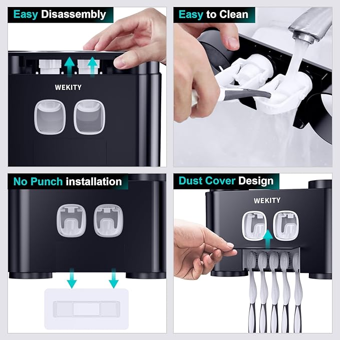 Toothbrush Holder,Multi-Functional Wall Mounted Toothbrush Holder,Toothpaste Dispenser for Bathroom with 2 Toothpaste Squeezers,5 Toothbrush Slots and 4 Cups(Black)