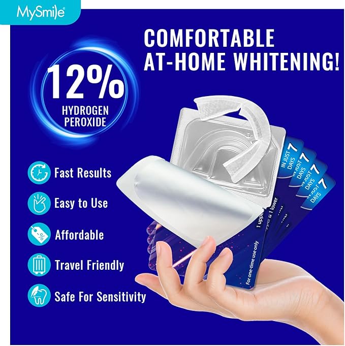 MySmile 7 Treatments Prefilled Teeth Whitening Trays Kit with 12% Hydrogen Peroxide Whiter Gel for Sensitive Tooth, Fast-Result Vegan Teeth Whitener Tooth Stain Remover, Mint Flavor