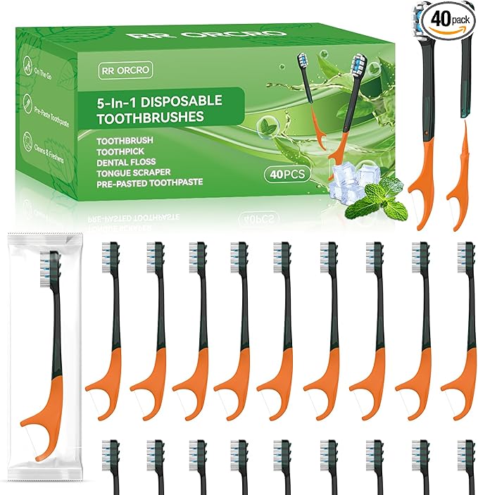 40Pack Disposable Toothbrushes with Toothpaste All-in-One Oral Care Prepasted Individually Wrapped 5-in-1 Mini Toothbrush with Toothpick, Flosser, Tongue Cleaner, Perfect for Travel & On-The-Go
