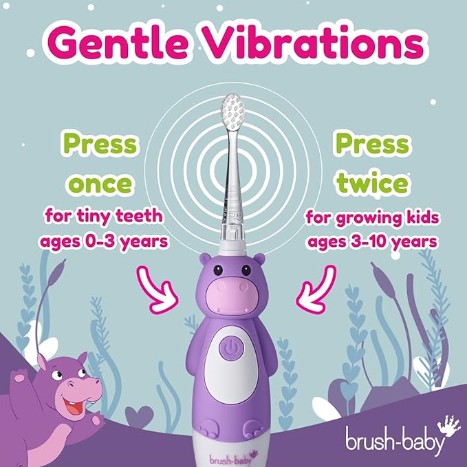 BrushBaby - WildOnes - Kids Rechargeable Electric Toothbrush, Ages 0-10 - Holly Hippo Design with Flashing Lights - DeepClean Bristles for Superior Cleaning - 2 Replacement Brush Heads, 1 USB Cable