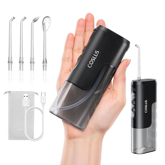 COSLUS Mini Water Flosser for Travel: Portable Compact Design, Cordless Oral Irrigator with 4 Modes, Removable Tank, IPX7 Waterproof for Braces, Orthodontic, Sensitive Teeth On-The-Go Use, Black, T40