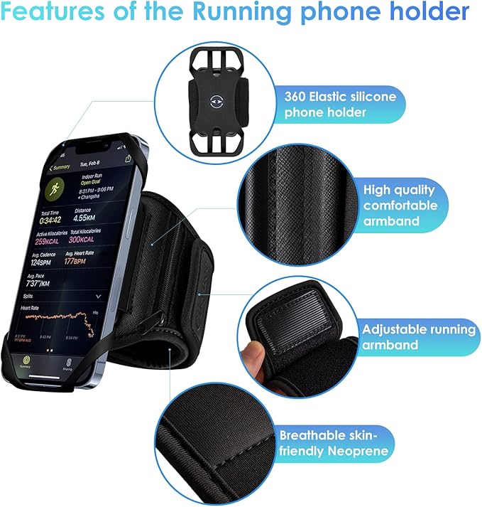 Cikyner Running Armband Phone Holder - 360 Rotatable & Detachable Sports Armband With Earphone/Cash Pocket for 4.5-7'' iPhone - for Gym, Hiking-StrideForce Fitness