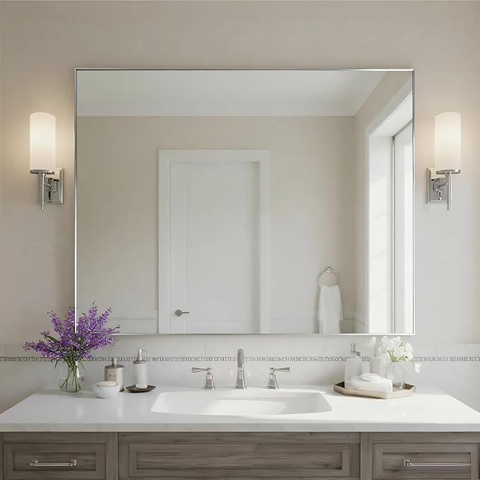 27x36 Inch Nickel Bathroom Mirror for Wall, Aluminum Frame Rectangle Rectangular Vanity Mirror, Modern Large for Bedroom, Living Room, Horizontal or Vertical-StrideForce Fitness