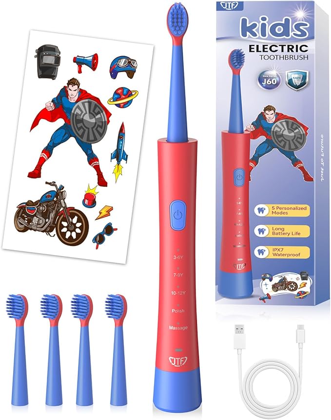 JTF Kids Electric Toothbrush Rechargeable: Sonic Tooth Brush with Smart Timer 5 Brushing Modes 4 Soft Small Brush Heads DIY Sticker and IPX7 Waterproof, Portable Children Toothbrushes for Boy, Ages 3+
