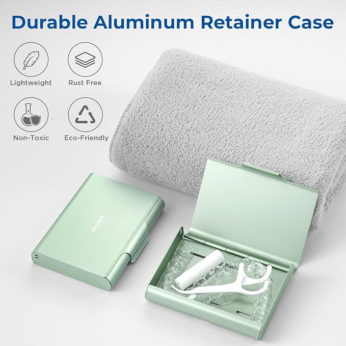 Aluminum Retainer Case for Invisalign Aligners, Partial Mouth Guard Case Denture Retainer Container Case Holder with Vent Holes, Slim Orthodontic Aligner Case for Traveling-1 Pack Green