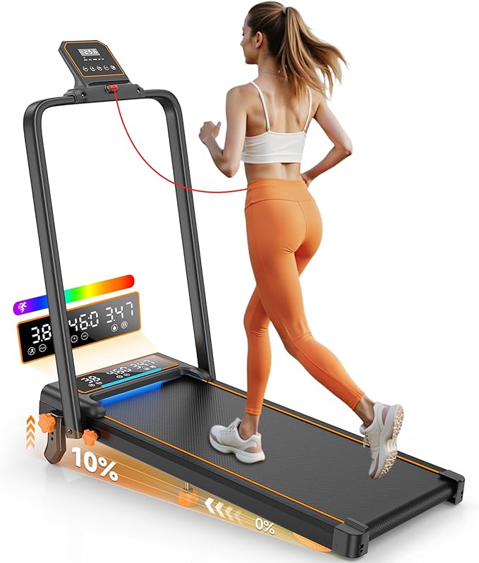 Treadmill Walking Pad with 10% Incline/Handle Bar/2 LED Display, 3.5HP Portable Treadmills for Home Small, Foldable Walking Pad Treadmill 350+lb Capacity, Smart App, 4 Adjustable Incline, RGB Light-StrideForce Fitness