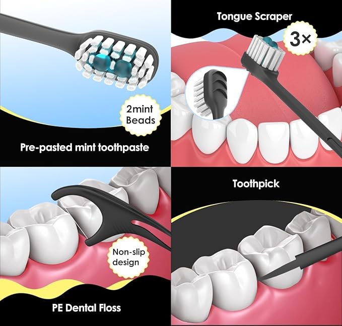 5 in 1 Disposable Toothbrushes with Toothpaste – Individually Wrapped Mini Travel Toothbrushes with Prepasted Toothpaste, Mouthwash Beads, Floss & Tongue Scraper | to-Go Oral Care (96 Count)