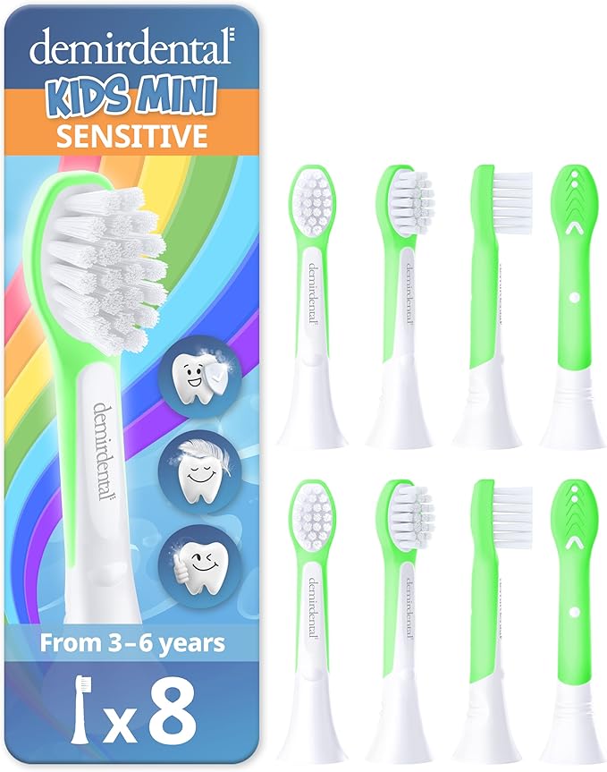 demirdental Kids Mini Toothbrush Heads Compatible with Philips Sonicare Compact Kids Toothbrush Heads - Replacement Heads Sensitive - Brush Heads from Ages 3 to 6 - Green - Replaces HX6038-8 Pack