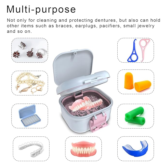 BVN Leakproof Denture Cup, Upgraded Carrying Storage, Denture Bath Box with Filter, Denture Cup for Soaking Dentures, Travel Retainer Cleaning Case (White+Pink).
