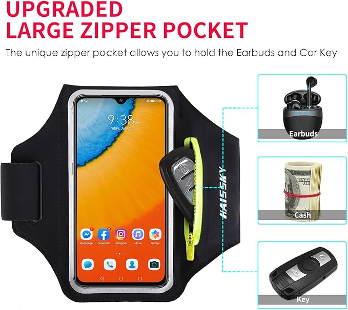 Running Armband with Earphone Bag Cell Phone Armband for iPhone 16 15 Pro 14 Plus 13 11 XR XS, Galaxy S24/S10 Water Resistant Sports Phone Holder Case & Zipper Slot Car Key Holder for 6.9 inch Phone-StrideForce Fitness