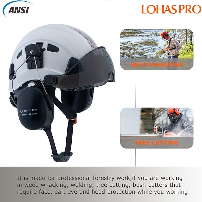 LOHASPRO Arborist Forestry Helmet Safety Hard Hat with Visor and Ear Muffs for Tree Service Logging Cutting Wood Chainsaw Helmet Garden Work Trimming Mowing(P91 White+Smoked Visor+Earmuff)-StrideForce Fitness