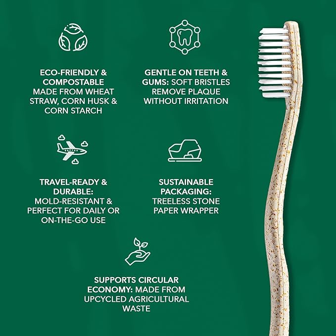 Terra & Co. Gentle Green Toothbrushes – 20-Pack of Plastic-Free Toothbrushes with Soft Bristles for Sensitive Teeth & Gums – Individually Sealed – BPA-Free, Plant-Based, Eco-Friendly & Travel-Ready