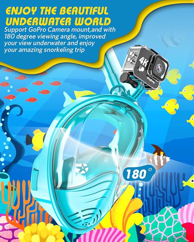 QingSong Kids Snorkel Mask Full Face, Snorkeling Set with Camera Mount, Foldable 180 Degree Panoramic View Snorkeling Gear Anti-Fog Anti-Leak-StrideForce Fitness