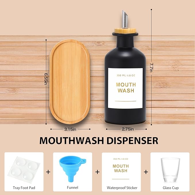 11.8OZ Glass Mouthwash Dispenser for Bathroom with Stainless Steel & Bamboo Nozzle, Mouthwash Cup Reusable, Bamboo Tray, and Elegant Gold Sticker.Set of 2（Black