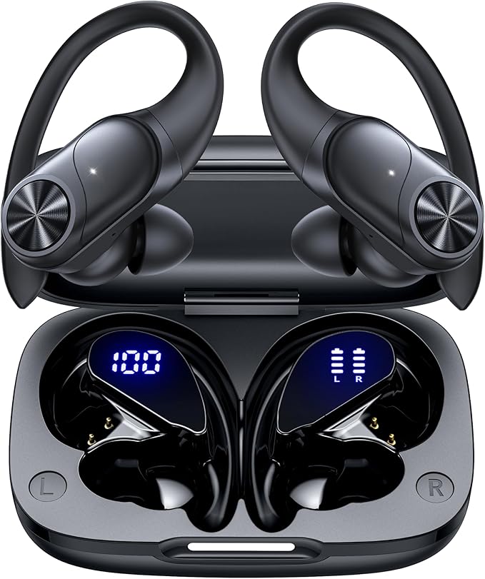 PocBuds Bluetooth Headphones Wireless Earbuds 80hrs Playtime Wireless Charging Case Digital Display Sports Ear Buds with Earhook Deep Bass IPX7 Waterproof Over-Ear Earphones for TV Phone Laptop Black-StrideForce Fitness