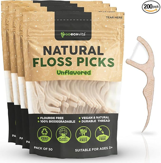 Biodegradable Floss Picks (Unflavored) - Natural Straw Wheat Handle | Thin & Durable Thread for Tight Gaps! | Dental Flossers for Adults | Gentle on Gums & Teeth | Eco Friendly, Vegan (200 Pack)