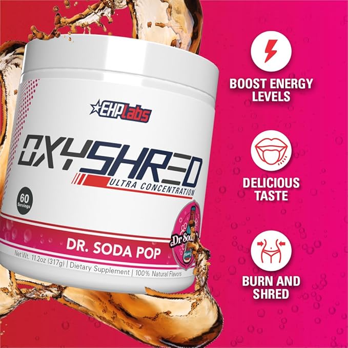 EHP Labs OxyShred Thermogenic Fat Burner - Pre-Workout Powder with L-Glutamine, Acetyl L-Carnitine, Metabolism Booster, Weight Loss, Appetite Control, Energy Drink, Dr. Soda Pop, 60 Servings-StrideForce Fitness