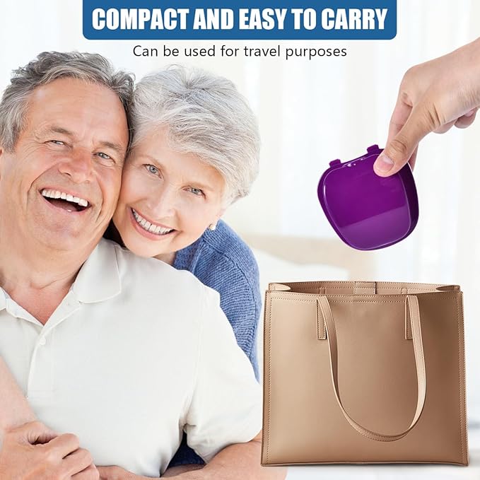 2 Pack Denture Bath Case Cup Box Holder Storage Container with Denture Cleaner Brush Strainer Basket for Travel Cleaning (Light Blue and Purple)