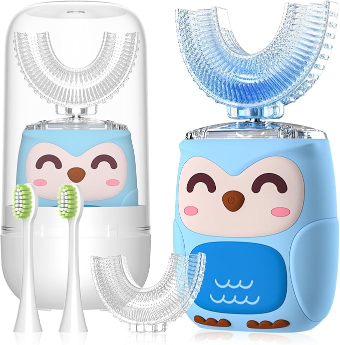 Kids Electric U Shaped Toothbrush Kids Sonic Toothbrush with 4 Soft Brush Head Automatic Full Mouth 6 Cleaning Mode-(Age8-15 Blue)