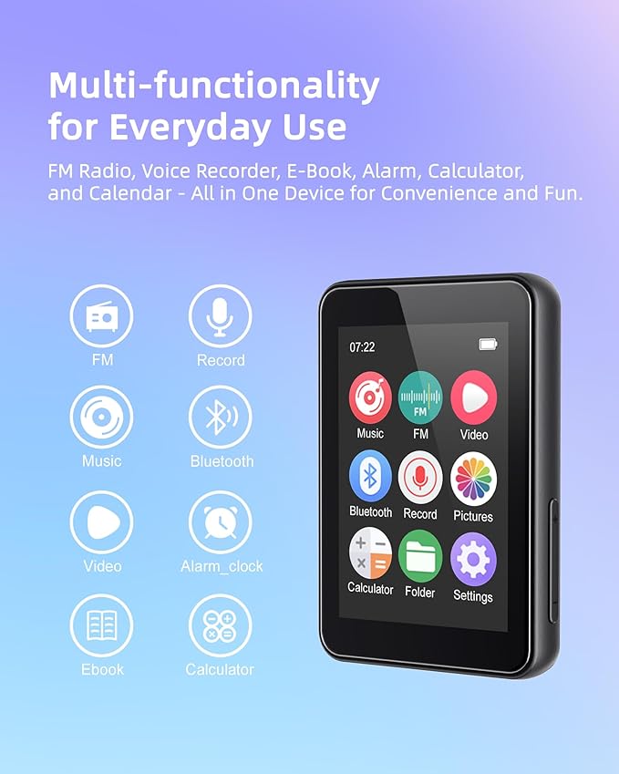 64GB Music Player with Bluetooth 5.3, 2.4" Portable MP3 Player with Speaker, FM Radio, Voice Recorder, E-Book, Full Touch Screen, Supports up to 256GB (Earphones Included)-StrideForce Fitness