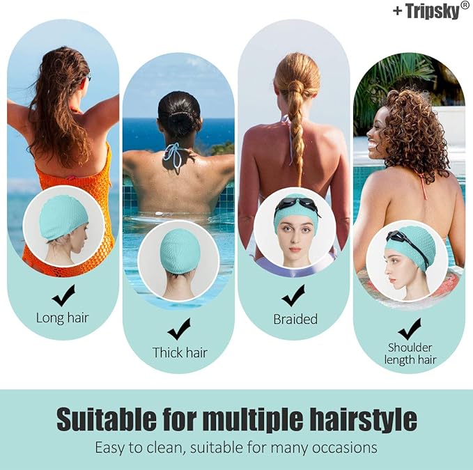 Tripsky Silicone Swim Cap,Comfortable Bathing Cap Ideal for Curly Short Medium Long Hair, Swimming Cap for Women and Men, Shower Caps Keep Hairstyle Unchanged…-StrideForce Fitness