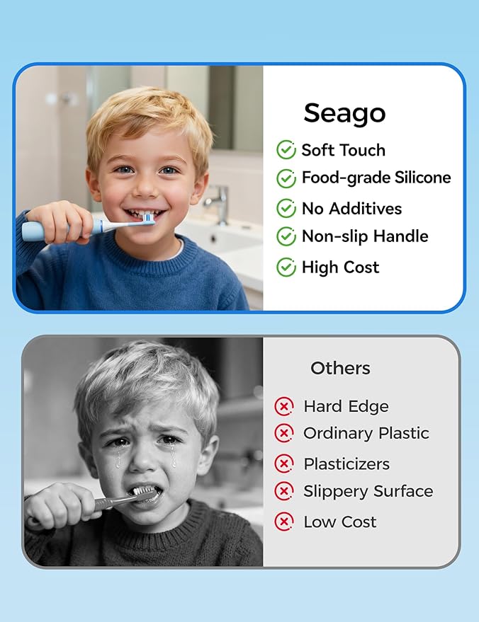 SEAGO Kids Electric Toothbrushes for Ages 5-8 with 2 Sizes Soft Brush Heads, Soft Silicone Handle, 2-Min Timer, IPX7 Waterproof, 35000VPM, Rechargeable 70 Day Battery Life with Charging Base (Blue)