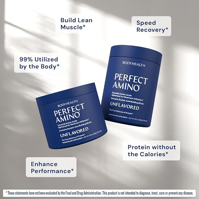 BodyHealth PerfectAmino Powder - BCAA and EAA Powder for Pre and Post Workout - Amino Acid Energy Drink for Men and Women to Support Lean Muscle and Recovery - Unflavored - 30 Servings-StrideForce Fitness