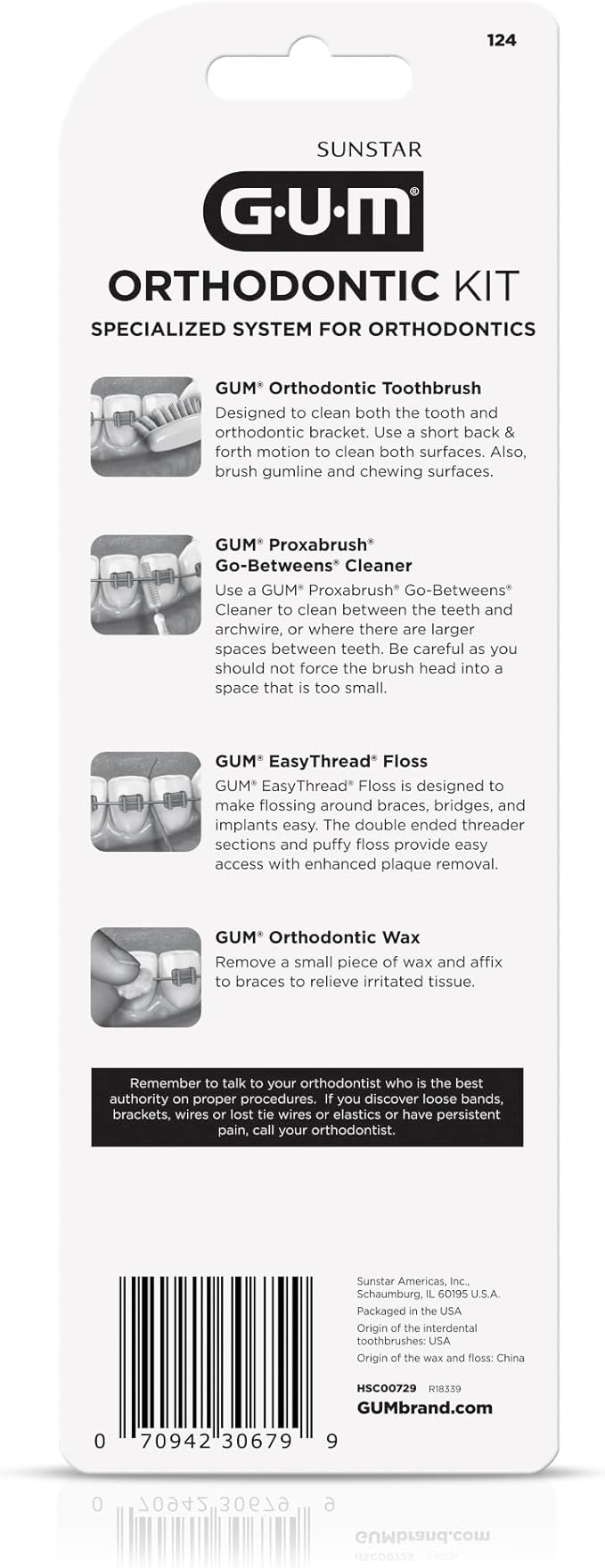 GUM Orthodontic Kit – Features Orthodontic Toothbrush, 3 Proxabrush Sizes and Shred-Resistant EasyThread Floss, and Mint Ortho Wax