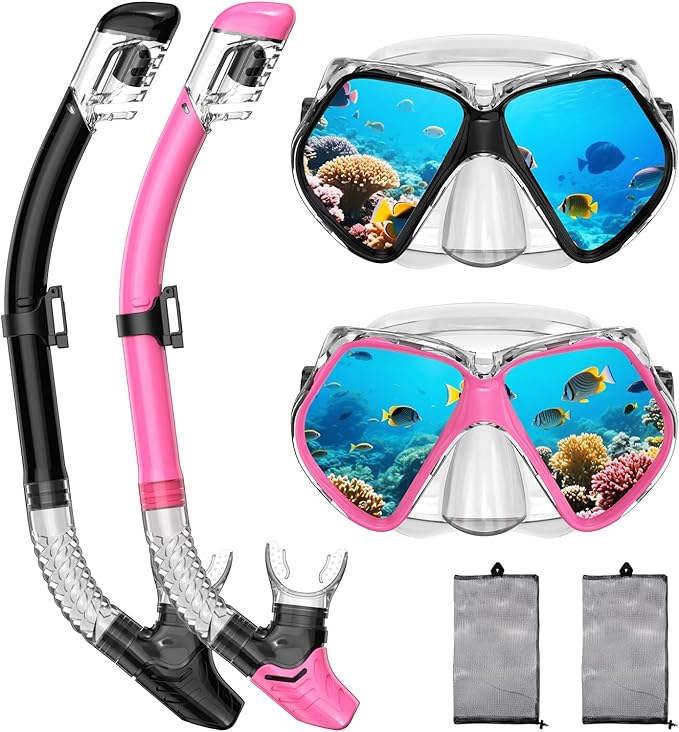 2 Pack Snorkeling Gear for Adults, Dry Snorkel, Mask Set Adult, Diving Scuba Mask, Scuba Gear, Swimming Goggles with Nose Cover, Swim Freediving Tempered Glass Panoramic View Travel Packages-StrideForce Fitness