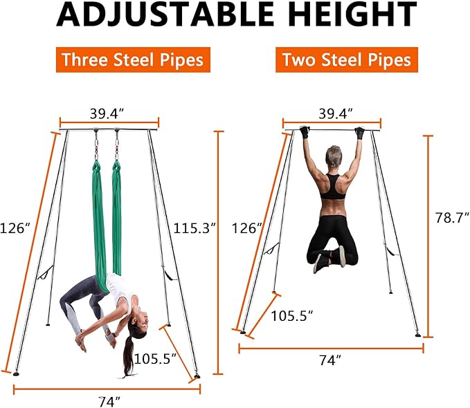 TECSPEC 9.6 FT/115.3 Inch Adjustable Height Aerial Yoga Frame & Hammock, Professional Swing Stand with 18 FT/33FT Aerial Silk, 550lbs Max Capacity-StrideForce Fitness