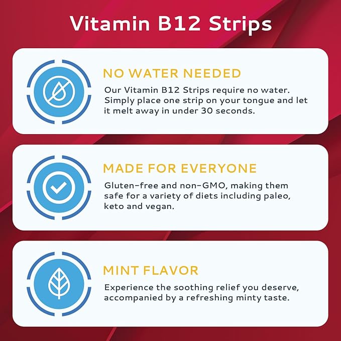 Vitamin B12 Strips 100 Pack | Easy Oral Dissolvable Mint Flavored Strips | 1500 mcg Strips | Vit B12 Dissolve under Tongue | Methylcobalamin B-12 Vitamin Formula | Vegan Friendly & Gluten Free