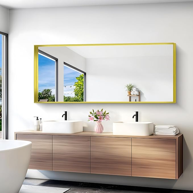 Gold Bathroom Mirror, 72x30 Inch Rectangular Framed Mirror, Large Wall Mounted Bathroom Vanity Mirror Over Sink for Bedroom,Restroom, Living Room, Hangs Vertically or Horizontally-StrideForce Fitness