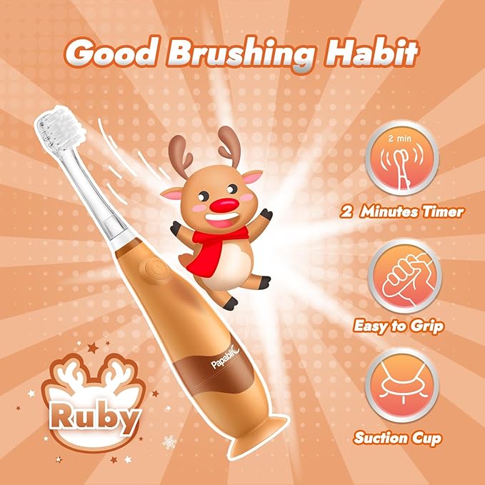 Papablic Toddler Sonic Electric Toothbrush for Ages 1-3 Years, Baby Electric Toothbrush with Cute Reindeer Cover and Smart LED Timer, 2 Brush Heads (Ruby)