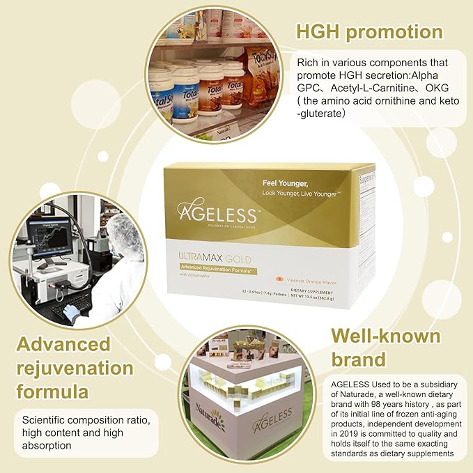 Ageless UltraMAX Gold - HGH Anti-Aging Supplement for Women & Men - Rejuvenates Skin, Restores Youthful Appearance, Boosts Energy & Sleep, Effervescent Powder - Valencia Orange Flavor - 22 Packets-StrideForce Fitness