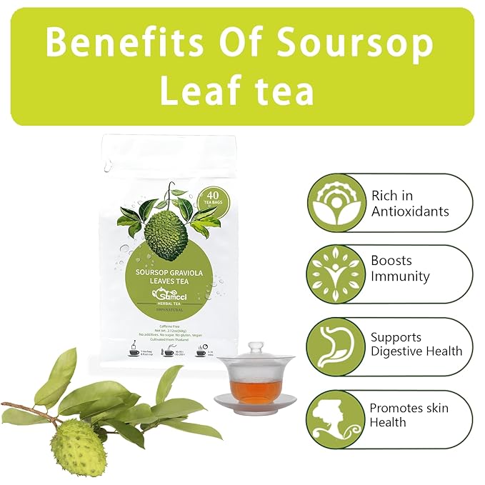 Samcci - Soursop Leaves Tea Bags, 40Teabags, 1.5g/bag, 100% Pure Sour Sop Graviola leaves Tea - Hojas De Guanabana Tea - Improve Digestion - Promotes Skin Health - Non-GMO - Caffeine-Free-StrideForce Fitness