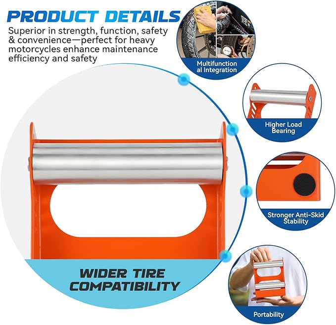 Motorcycle Wheel Cleaning Stand Universal Wheel Roller Stand for Tire Cleaning & Chain Lubrication Heavy Duty Paddock Stand for Street Bike (Motorcycle < 700 LB & Tire Width <260 mm) Orange-StrideForce Fitness